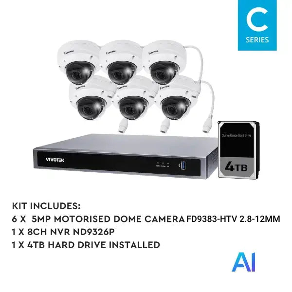 Vivotek AI 5MP Surveillance Kit, 8 Channel, Motorised Dome Kit-VIVO-AI-5MP8064DM