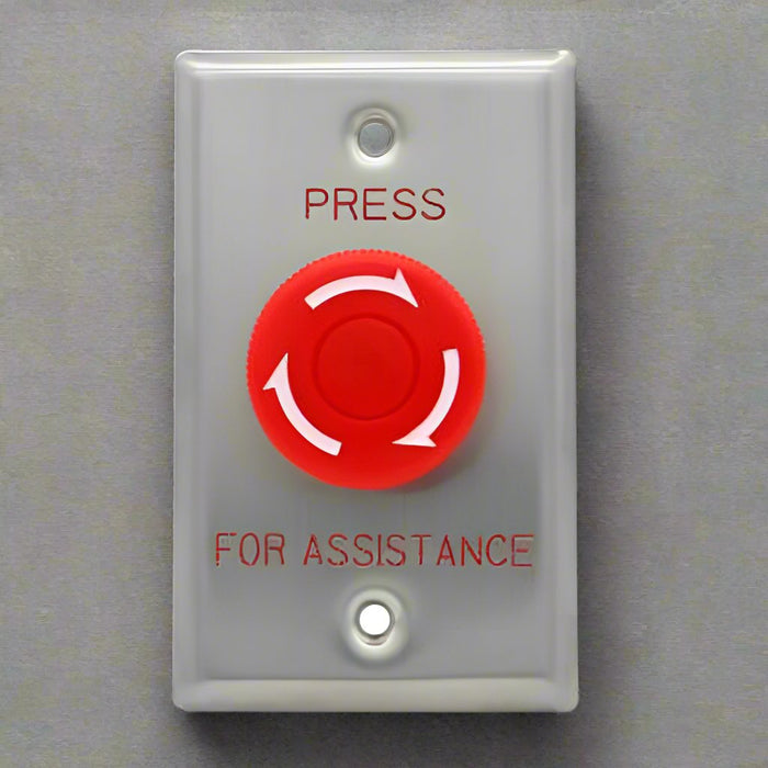 Press for Assistance Button, Big Mushroom, Red, Twist to Reset Stainless Steel